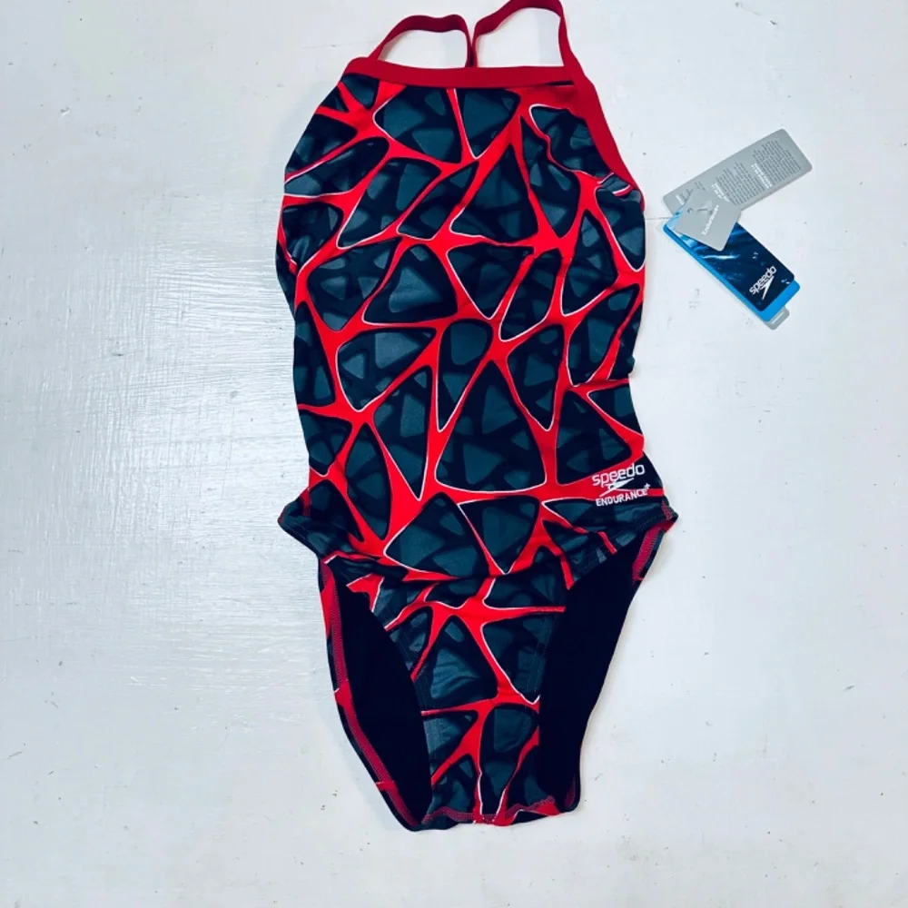 speedo Women's Swimsuit Hard Wired One Back Size 30 Red Black Abstract Print New - Picture 6 of 10